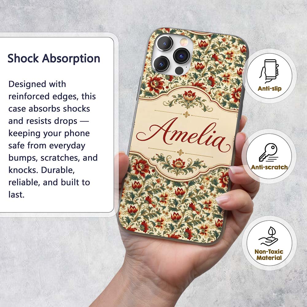 Classic Red Floral Vintage Garden Printed Design Custom Name Protective Phone Case Mobile Cover Durable Everyday Smartphone Shock Resistant
