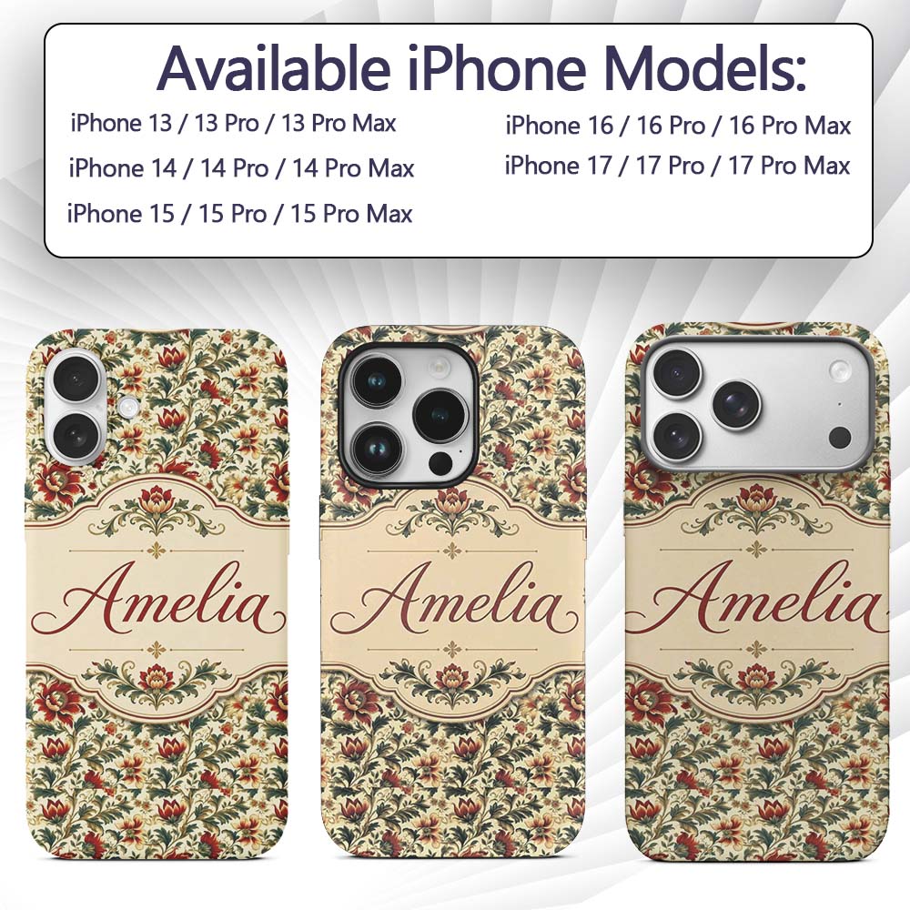 Classic Red Floral Vintage Garden Printed Design Custom Name Protective Phone Case Mobile Cover Durable Everyday Smartphone Shock Resistant