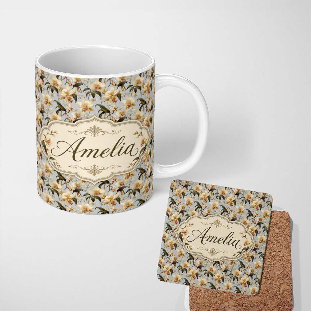 Personalized Custom Name Cream Orchid Botanical Elegant Seamless Pattern Name Cute Unique 11oz Ceramic Coffee Tea Mug White Large Handle