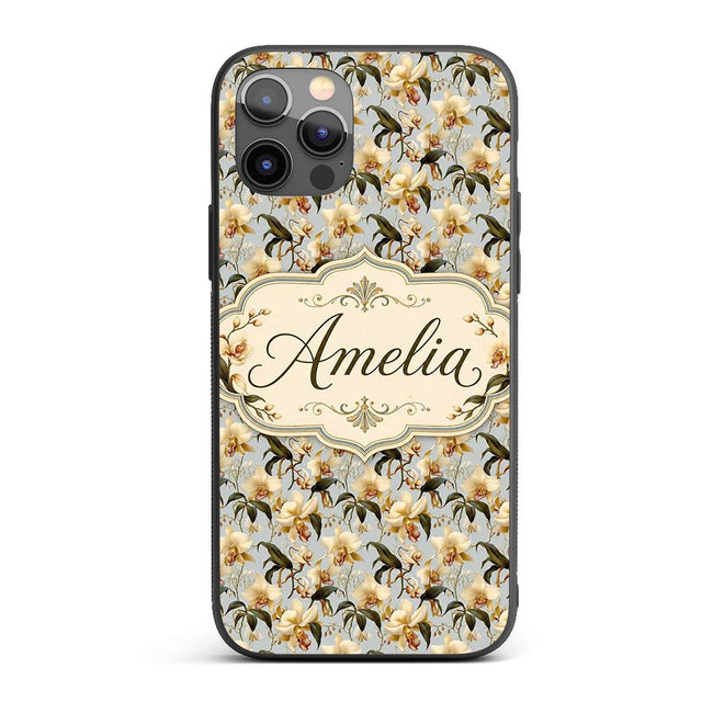 Cream Orchid Botanical Elegant Seamless Pattern Custom Name Protective Phone Case Mobile Cover Durable Everyday Smartphone Shock Resistant