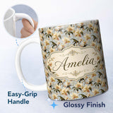 Personalized Custom Name Cream Orchid Botanical Elegant Seamless Pattern Name Cute Unique 11oz Ceramic Coffee Tea Mug White Large Handle