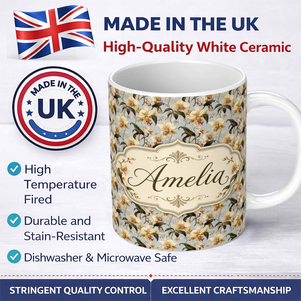 Personalized Custom Name Cream Orchid Botanical Elegant Seamless Pattern Name Cute Unique 11oz Ceramic Coffee Tea Mug White Large Handle