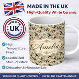 Personalized Custom Name Cream Orchid Botanical Elegant Seamless Pattern Name Cute Unique 11oz Ceramic Coffee Tea Mug White Large Handle