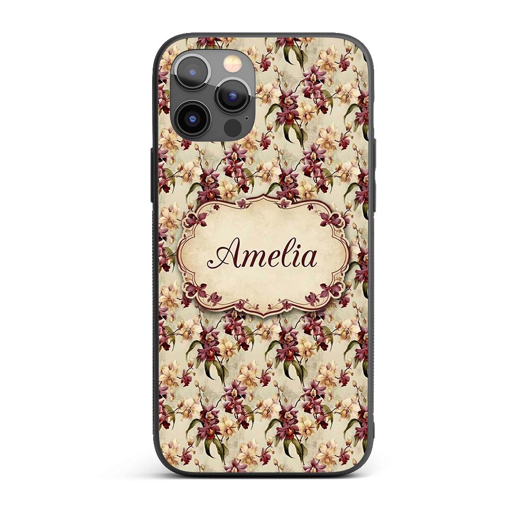 Vintage Orchid Floral Beige Elegant Seamless Custom Name Protective Phone Case Mobile Cover Durable Everyday Smartphone Shock Resistant