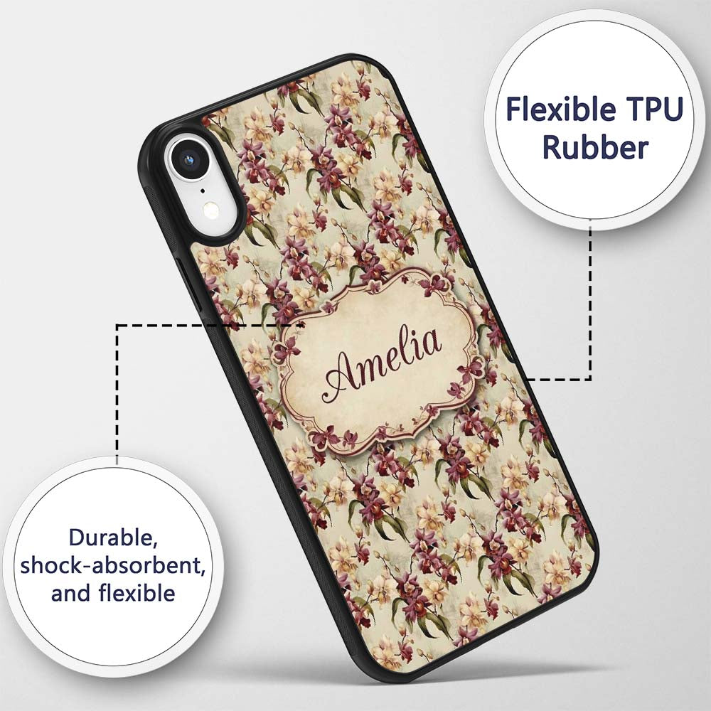 Vintage Orchid Floral Beige Elegant Seamless Custom Name Protective Phone Case Mobile Cover Durable Everyday Smartphone Shock Resistant