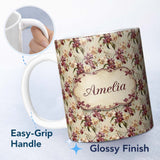 Personalized Custom Name Vintage Orchid Floral Beige Elegant Seamless Pattern Name Cute 11oz Ceramic Coffee Tea Mug White Large Handle