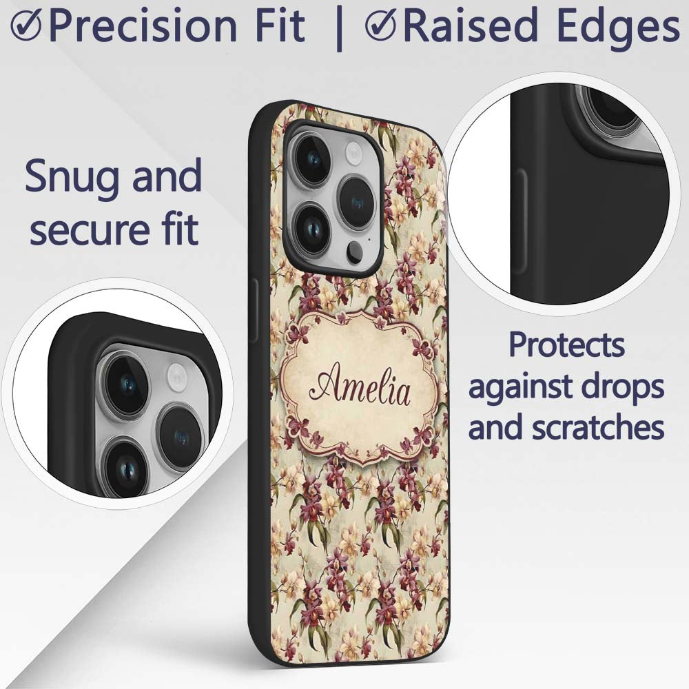 Vintage Orchid Floral Beige Elegant Seamless Custom Name Protective Phone Case Mobile Cover Durable Everyday Smartphone Shock Resistant
