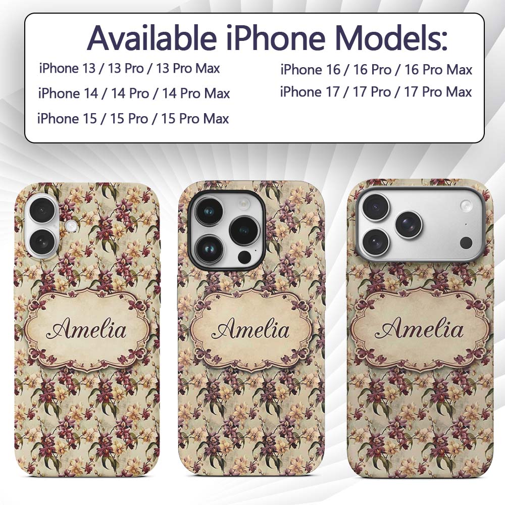 Vintage Orchid Floral Beige Elegant Seamless Custom Name Protective Phone Case Mobile Cover Durable Everyday Smartphone Shock Resistant
