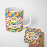 Personalized Custom Name Soft Pastel Rainbow Curved Waves Seamless Pattern Cute Unique Gift 11oz Ceramic Coffee Tea Mug White Large Handle