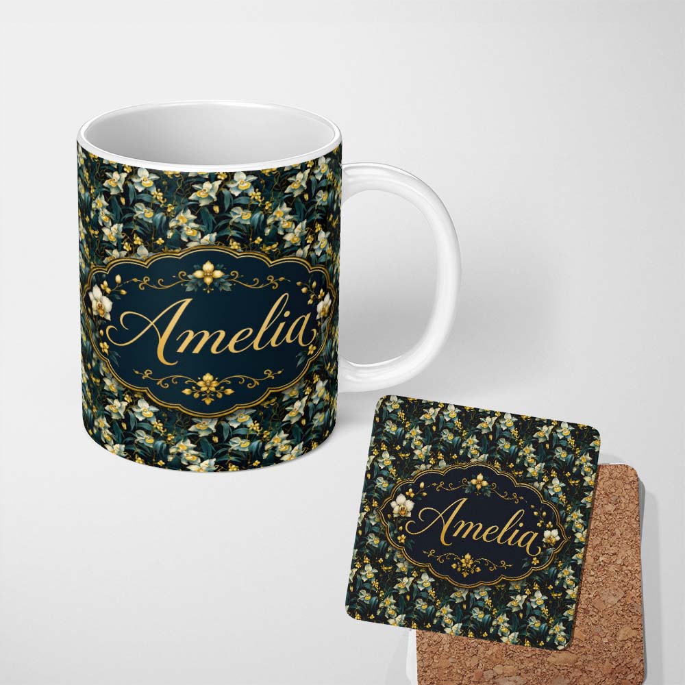 Personalized Custom Name Dark Teal Orchid Floral Botanical Luxury Seamless Pattern Custom 11oz Ceramic Coffee Tea Mug White Large Handle