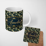 Personalized Custom Name Dark Teal Orchid Floral Botanical Luxury Seamless Pattern Custom 11oz Ceramic Coffee Tea Mug White Large Handle