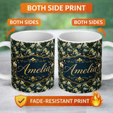 Personalized Custom Name Dark Teal Orchid Floral Botanical Luxury Seamless Pattern Custom 11oz Ceramic Coffee Tea Mug White Large Handle