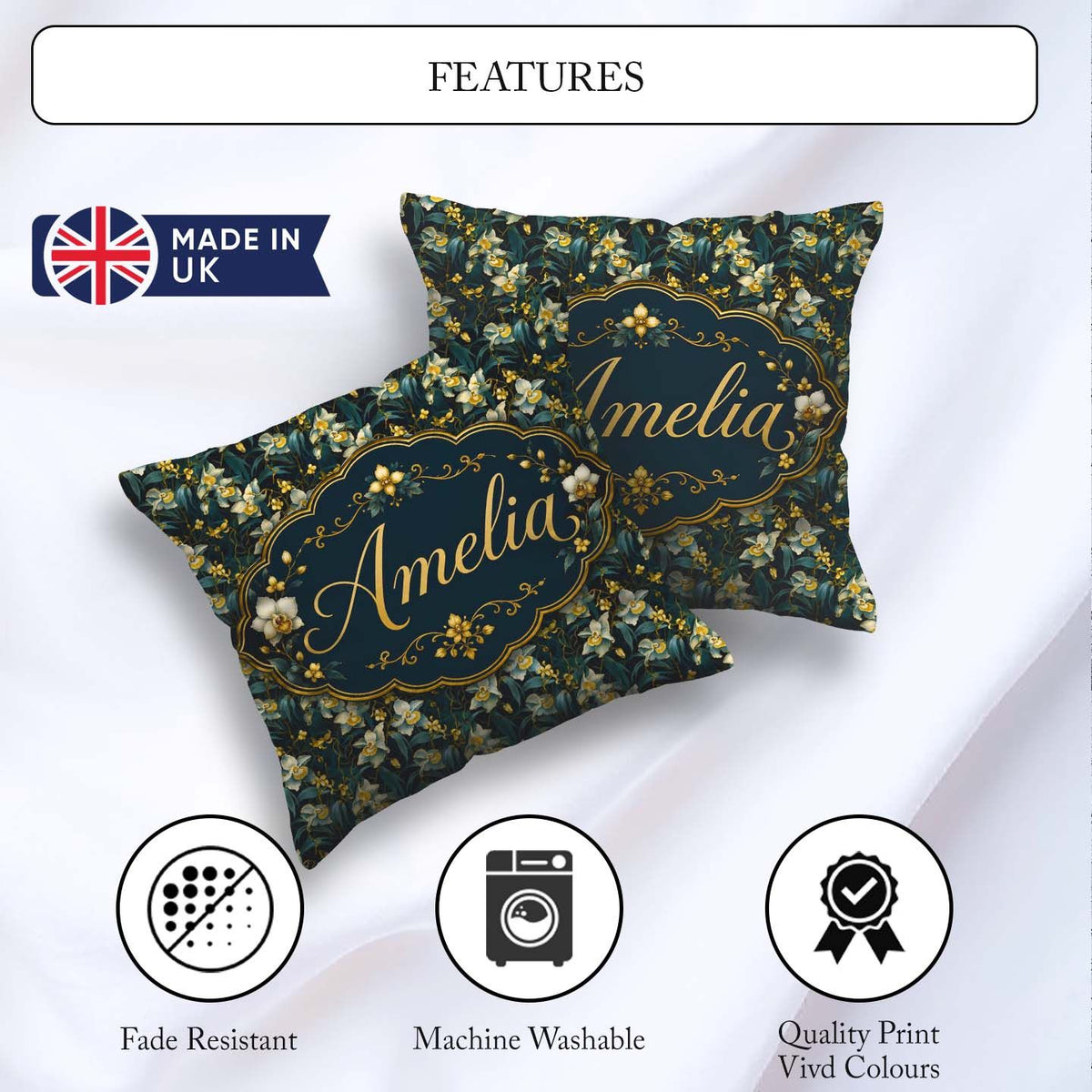 Custom Name Dark Orchid Floral Botanical Luxury Seamless Pattern Square Filled Cushion Throw Pillow Sofa Bed Home Decor Zip Washable UK Made