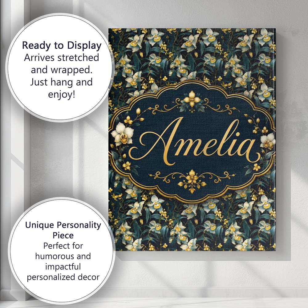 Personalised Name Dark Teal Orchid Floral Custom  Unique Gift Idea Elegant Feature Canvas Wall Art Print Decor Picture Ready to Hang