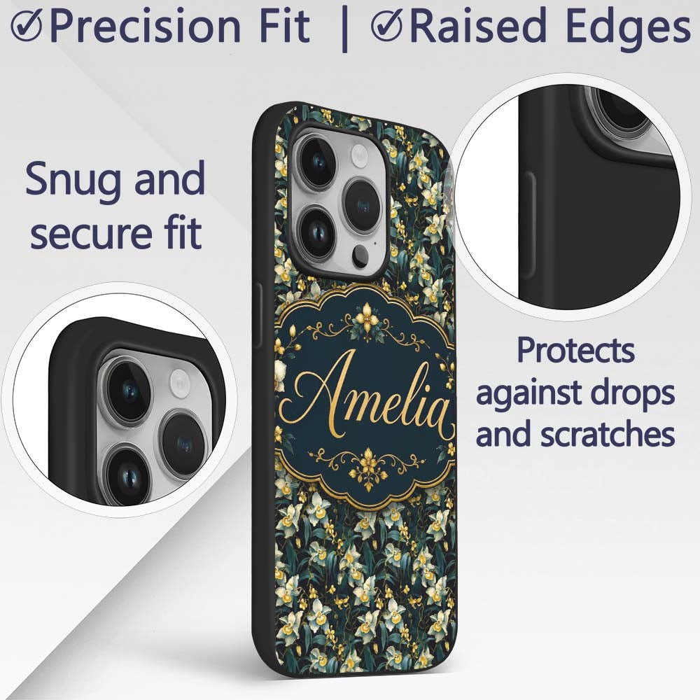 Dark Teal Orchid Floral Botanical Luxury Seamless Custom Name Protective Phone Case Mobile Cover Durable Everyday Smartphone Shock Resistant