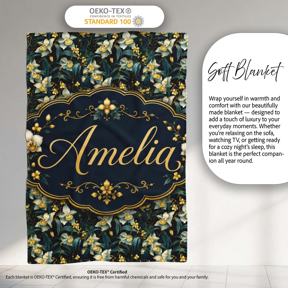 Dark Teal Orchid Floral Botanical Luxury Seamless Pattern Custom  Personalised Custom Name Super Soft Fleece Blanket Bed Sofa Throw