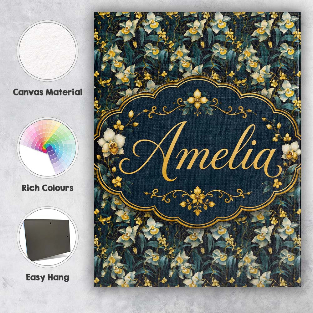 Personalised Name Dark Teal Orchid Floral Custom  Unique Gift Idea Elegant Feature Canvas Wall Art Print Decor Picture Ready to Hang