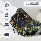 Dark Teal Orchid Floral Botanical Luxury Seamless Pattern Custom  Personalised Custom Name Super Soft Fleece Blanket Bed Sofa Throw