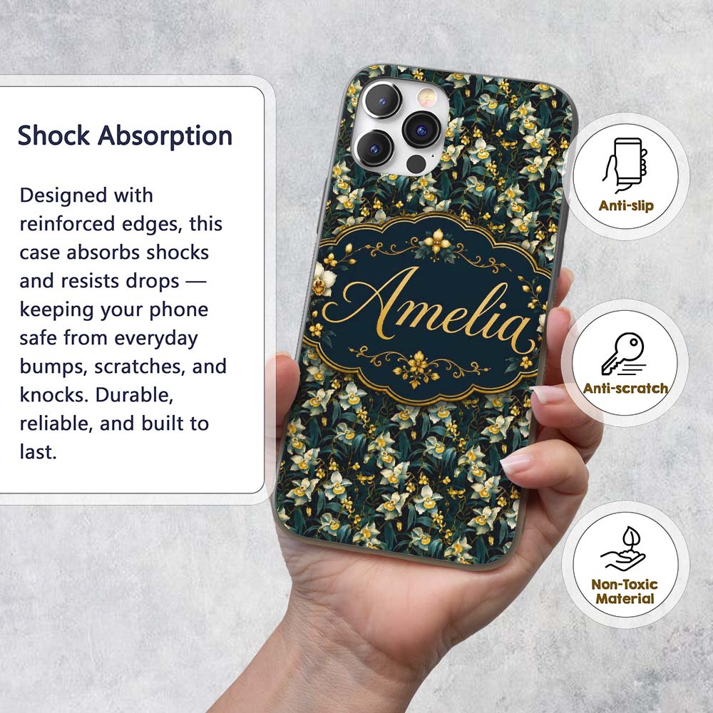 Dark Teal Orchid Floral Botanical Luxury Seamless Custom Name Protective Phone Case Mobile Cover Durable Everyday Smartphone Shock Resistant