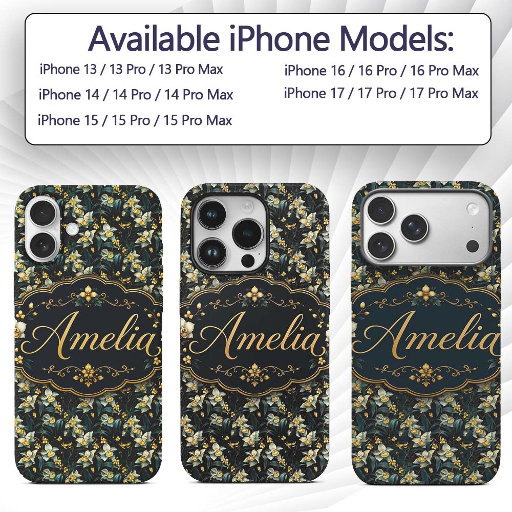 Dark Teal Orchid Floral Botanical Luxury Seamless Custom Name Protective Phone Case Mobile Cover Durable Everyday Smartphone Shock Resistant