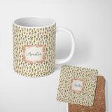 Personalized Custom Name Neutral Tone Potted Cactus Succulent Botanical Seamless Pattern 11oz Ceramic Coffee Tea Mug White Large Handle