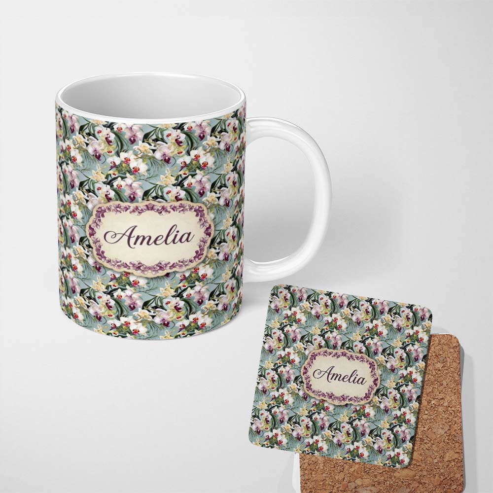 Personalized Custom Name Soft Blue Orchid Floral Garden Elegant Seamless Pattern Name Cute 11oz Ceramic Coffee Tea Mug White Large Handle