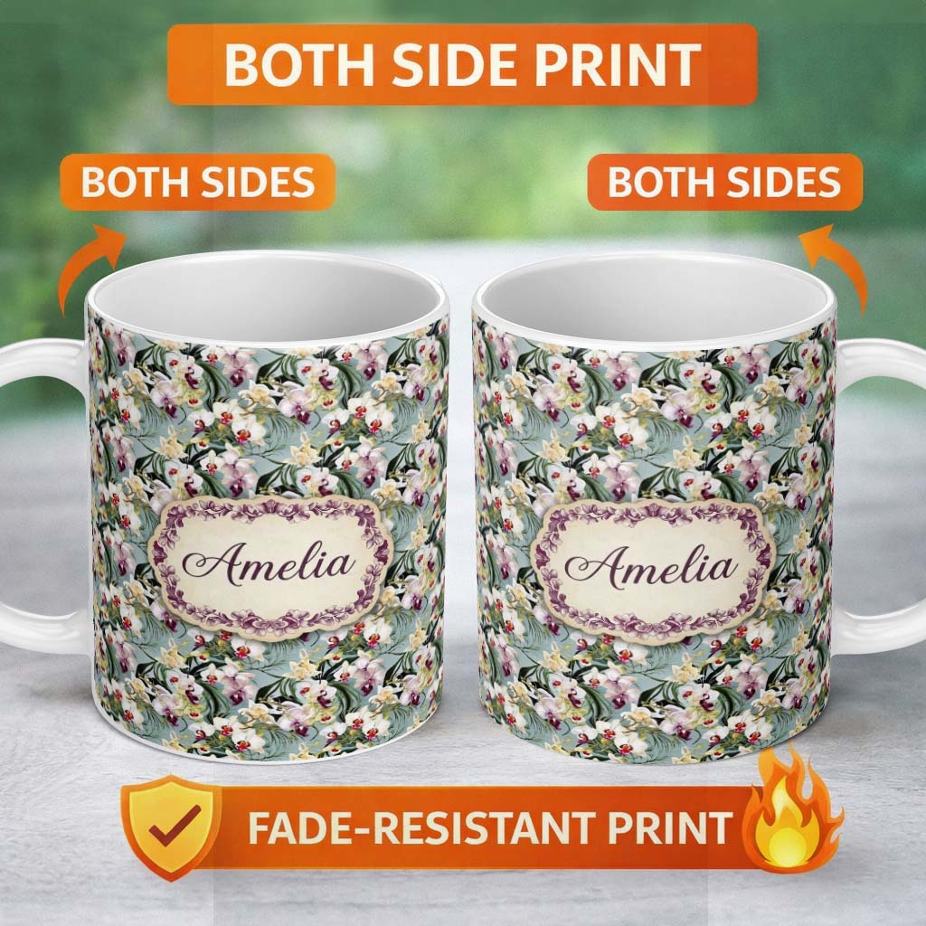 Personalized Custom Name Soft Blue Orchid Floral Garden Elegant Seamless Pattern Name Cute 11oz Ceramic Coffee Tea Mug White Large Handle