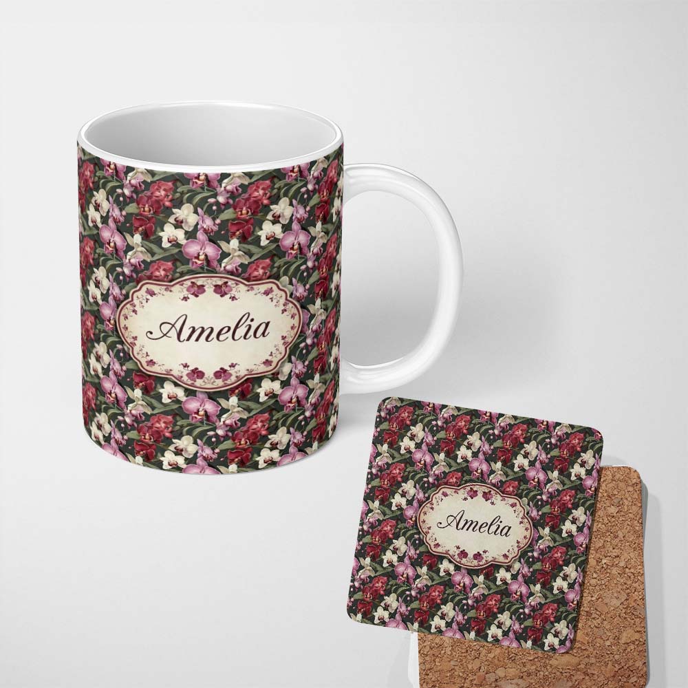 Personalized Custom Name Deep Green Orchid Floral Vintage Luxury Seamless Pattern Name Cute 11oz Ceramic Coffee Tea Mug White Large Handle