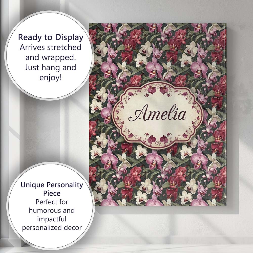 Personalised Name Deep Green Orchid Floral Custom  Unique Gift Idea Elegant Feature Canvas Wall Art Print Decor Picture Ready to Hang