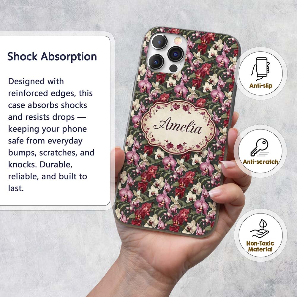 Deep Green Orchid Floral Vintage Luxury Seamless Custom Name Protective Phone Case Mobile Cover Durable Everyday Smartphone Shock Resistant