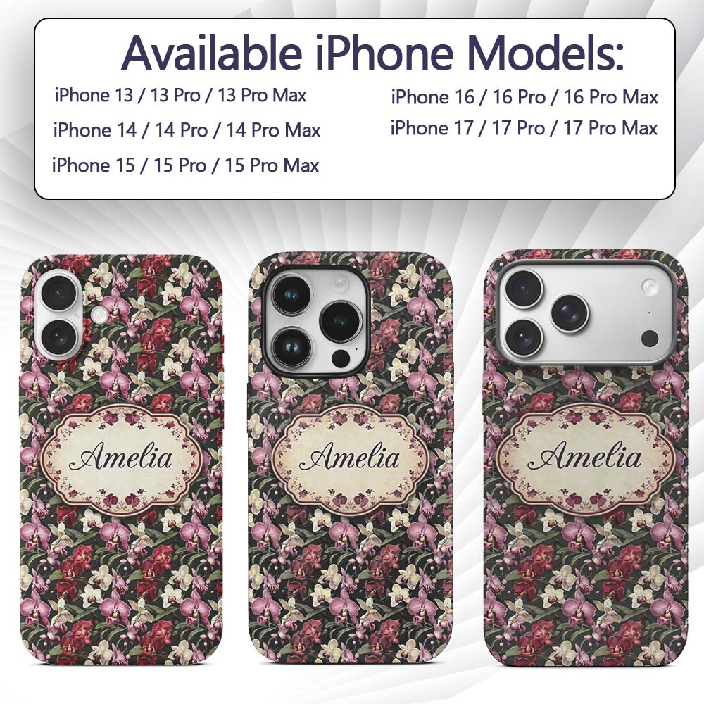 Deep Green Orchid Floral Vintage Luxury Seamless Custom Name Protective Phone Case Mobile Cover Durable Everyday Smartphone Shock Resistant