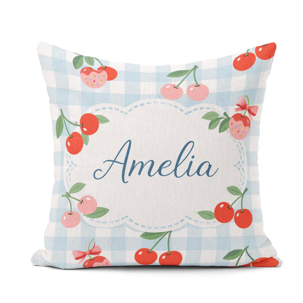 Custom Name Cherry Fruit Green Gingham Picnic Seamless Pattern Square Filled Cushion Throw Pillow Sofa Bed Home Decor Zip Washable UK Made