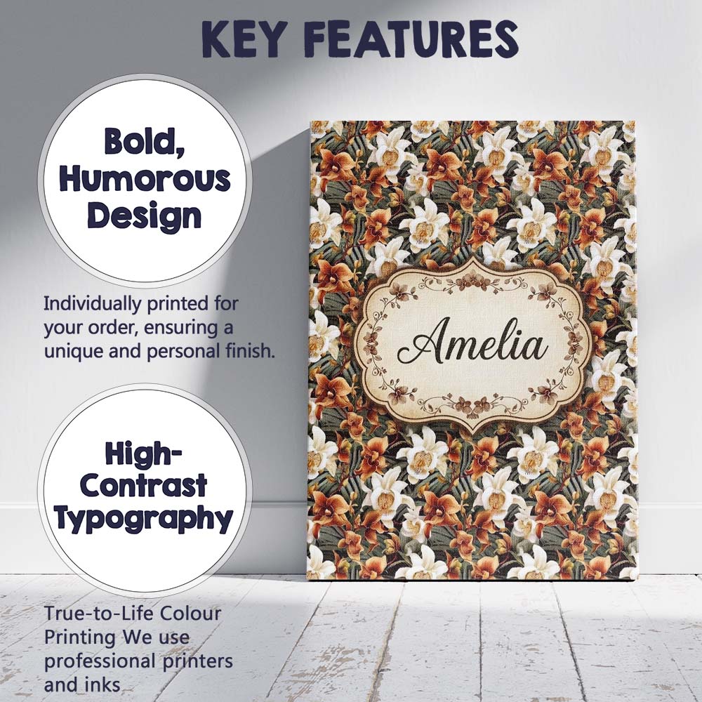 Personalised Name Warm Brown Orchid Floral Custom  Unique Gift Idea Elegant Feature Canvas Wall Art Print Decor Picture Ready to Hang