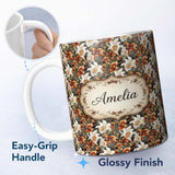 Personalized Custom Name Warm Brown Orchid Floral Classic Botanical Seamless Pattern Name 11oz Ceramic Coffee Tea Mug White Large Handle
