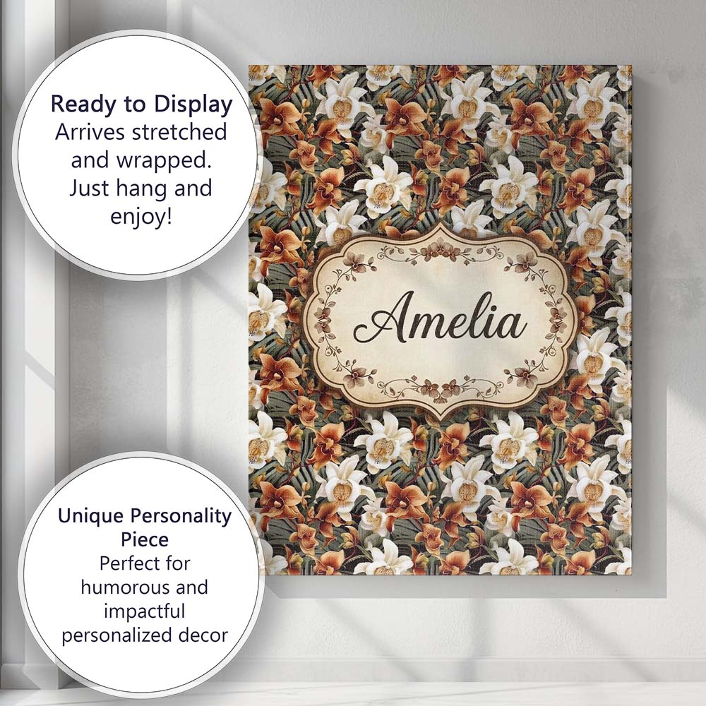 Personalised Name Warm Brown Orchid Floral Custom  Unique Gift Idea Elegant Feature Canvas Wall Art Print Decor Picture Ready to Hang