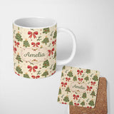 Personalized Custom Name Watercolor Christmas Trees with Red Bows and Winter Elements Lovely 11oz Ceramic Coffee Tea Mug White Large Handle