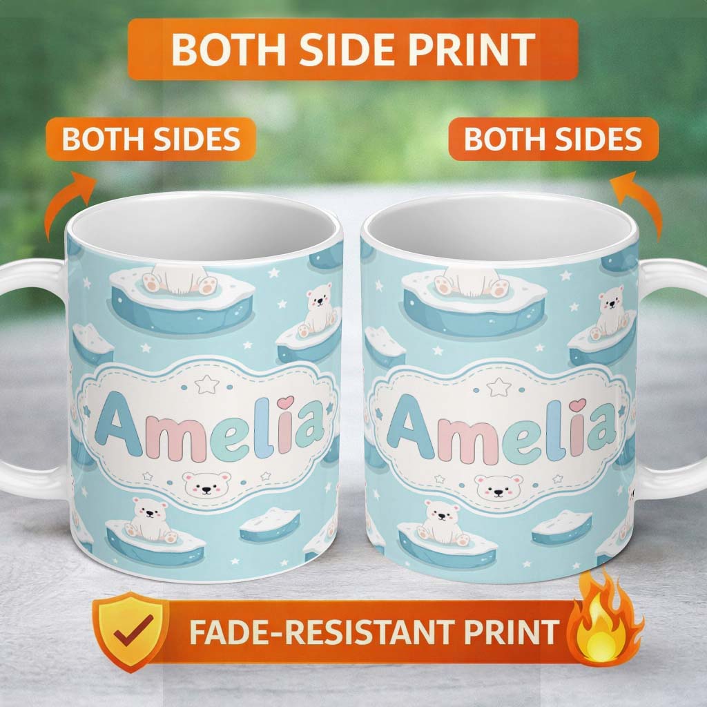 Personalized Custom Name Cute Polar Bears on Ice Floes Arctic Winter Cute Animals Seamless 11oz Ceramic Coffee Tea Mug White Large Handle