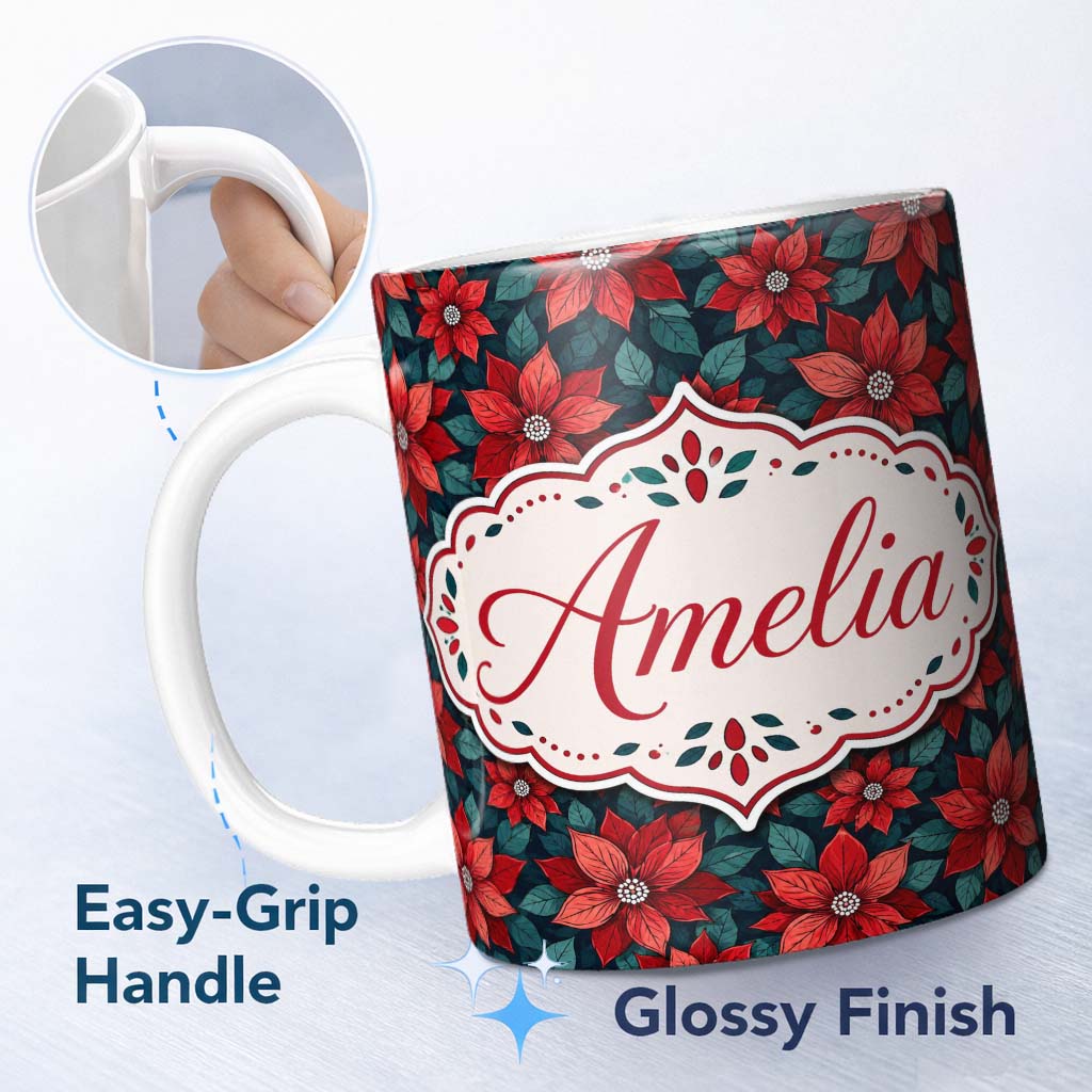 Personalized Custom Name Classic Red Poinsettia Floral Dark Background Christmas Seamless 11oz Ceramic Coffee Tea Mug White Large Handle