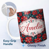 Personalized Custom Name Classic Red Poinsettia Floral Dark Background Christmas Seamless 11oz Ceramic Coffee Tea Mug White Large Handle