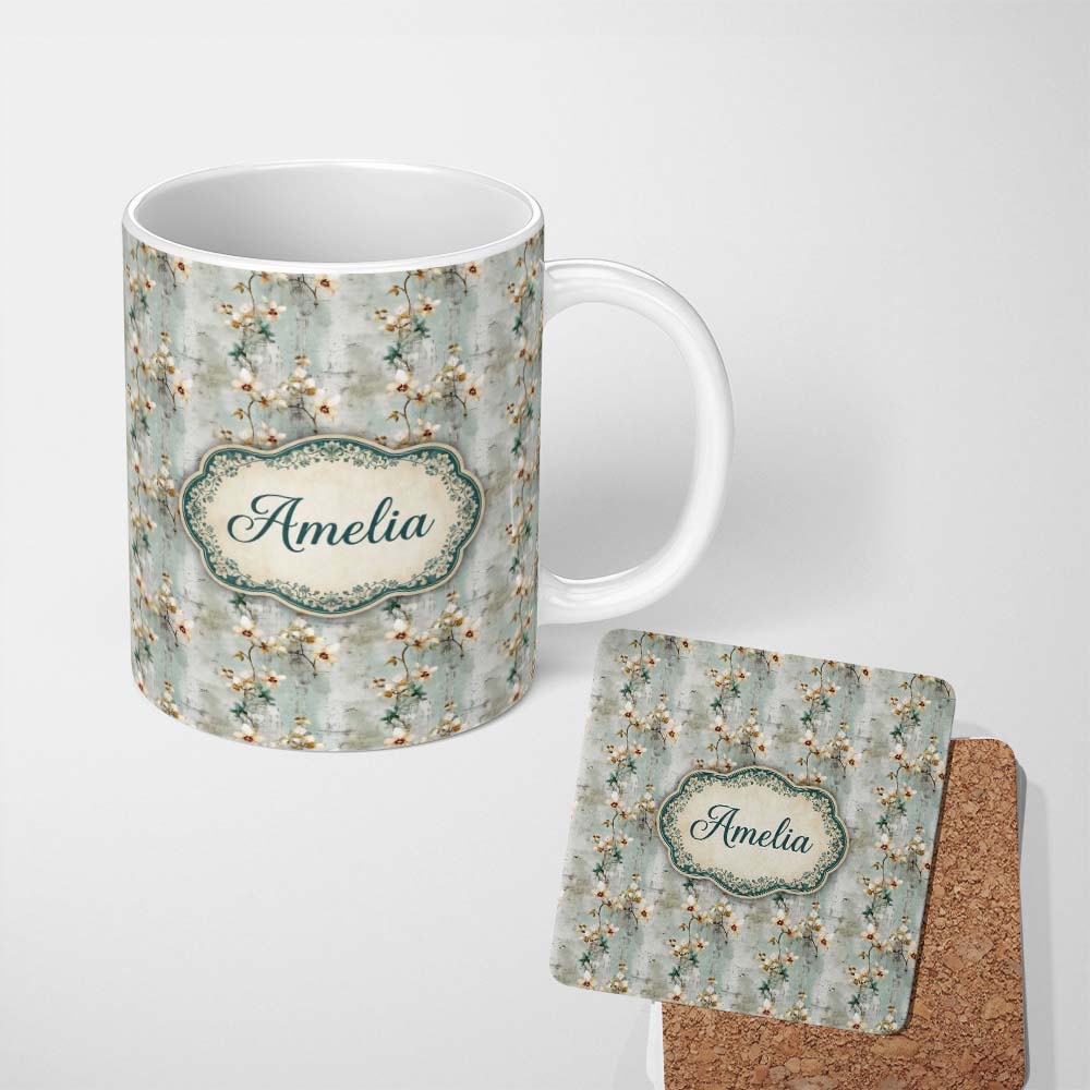 Personalized Custom Name Muted Sage Orchid Floral Vintage Texture Seamless Pattern Custom 11oz Ceramic Coffee Tea Mug White Large Handle