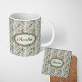 Personalized Custom Name Muted Sage Orchid Floral Vintage Texture Seamless Pattern Custom 11oz Ceramic Coffee Tea Mug White Large Handle