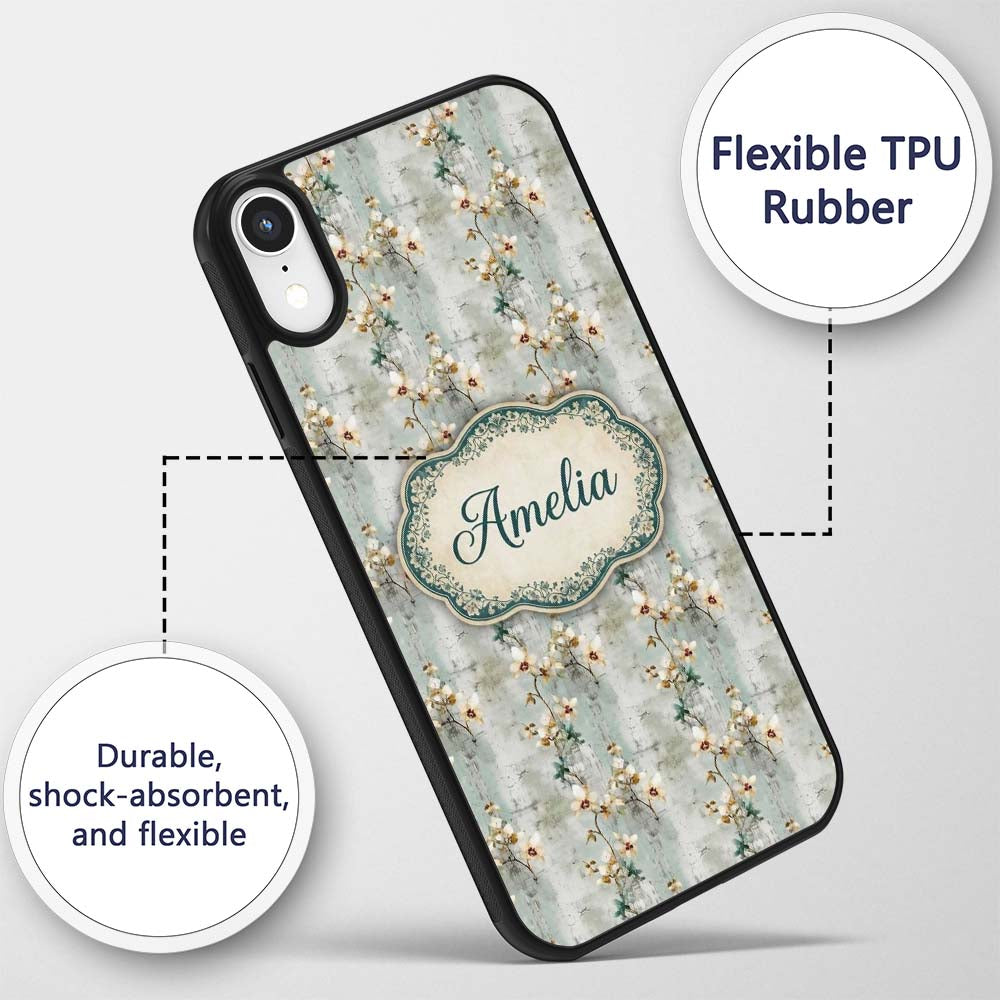 Muted Sage Orchid Floral Vintage Texture Seamless Custom Name Protective Phone Case Mobile Cover Durable Everyday Smartphone Shock Resistant