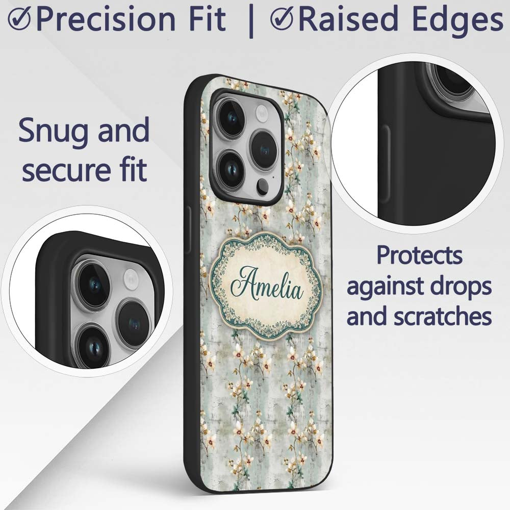 Muted Sage Orchid Floral Vintage Texture Seamless Custom Name Protective Phone Case Mobile Cover Durable Everyday Smartphone Shock Resistant