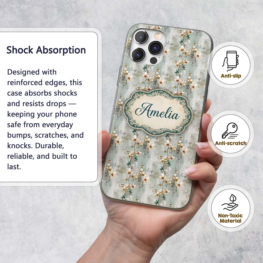 Muted Sage Orchid Floral Vintage Texture Seamless Custom Name Protective Phone Case Mobile Cover Durable Everyday Smartphone Shock Resistant