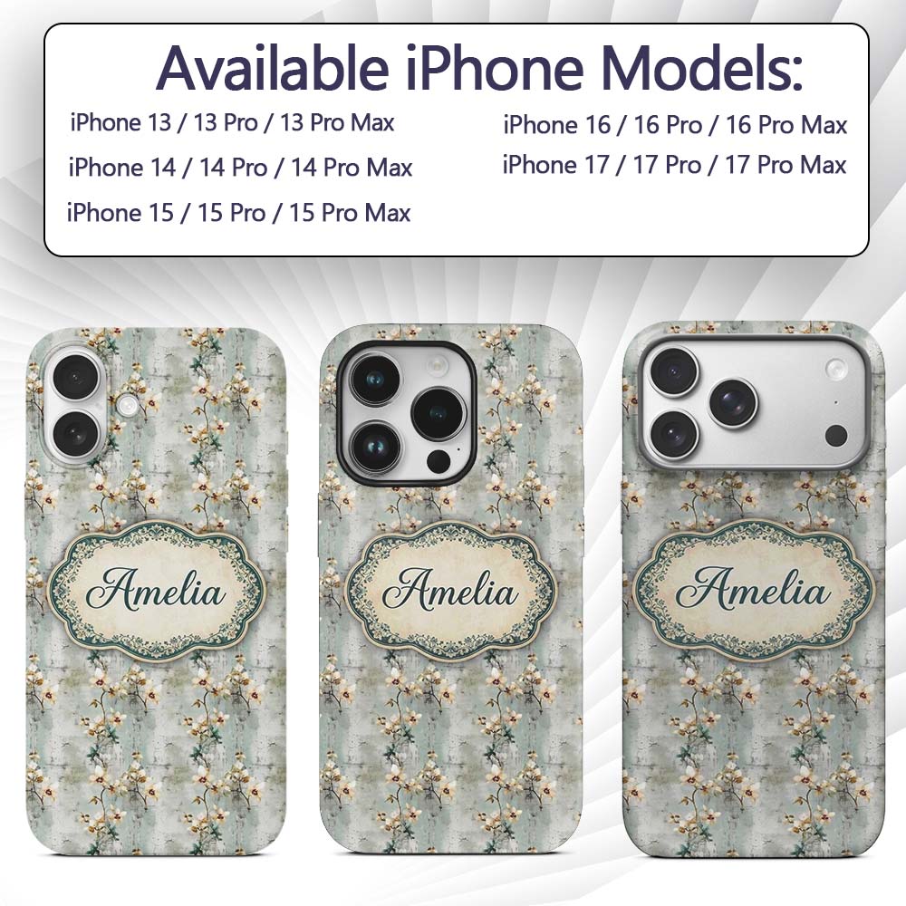 Muted Sage Orchid Floral Vintage Texture Seamless Custom Name Protective Phone Case Mobile Cover Durable Everyday Smartphone Shock Resistant