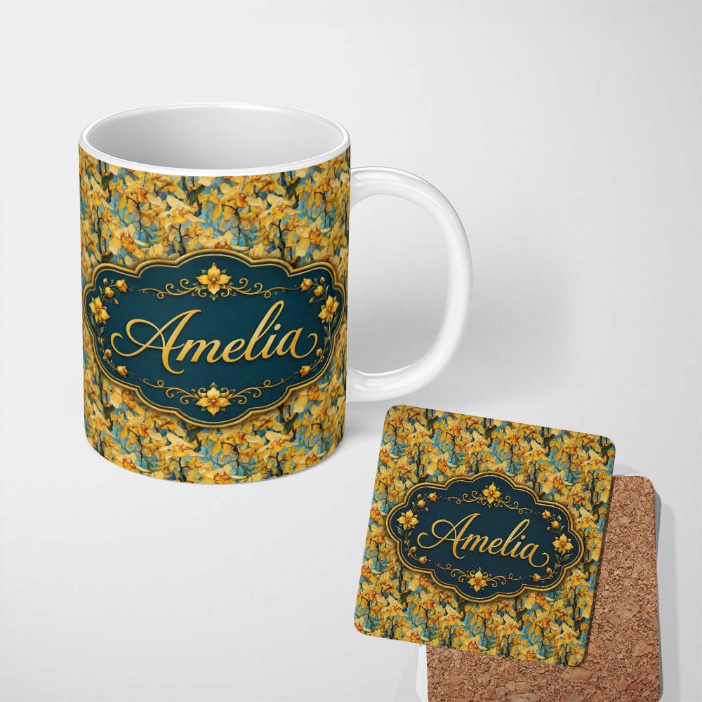 Personalized Custom Name Golden Yellow Orchid Floral Artistic Seamless Pattern Name Cute 11oz Ceramic Coffee Tea Mug White Large Handle