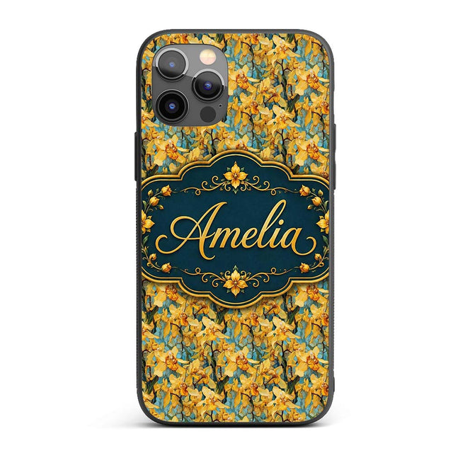 Golden Yellow Orchid Floral Artistic Seamless Custom Name Protective Phone Case Mobile Cover Durable Everyday Smartphone Shock Resistant