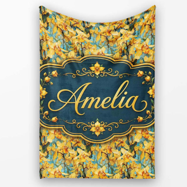 Golden Yellow Orchid Floral Artistic Seamless Pattern Name Cute  Personalised Custom Name Super Soft Fleece Blanket Bed Sofa Throw