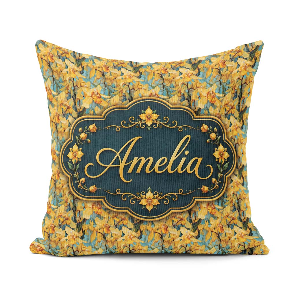 Custom Name Golden Yellow Orchid Artistic Seamless Pattern Name Square Filled Cushion Throw Pillow Sofa Bed Home Decor Zip Washable UK Made