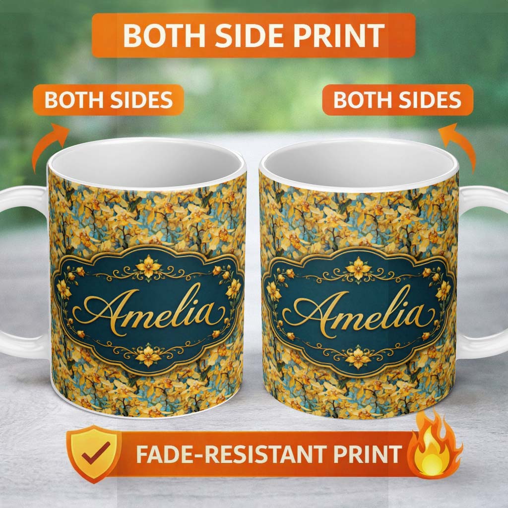 Personalized Custom Name Golden Yellow Orchid Floral Artistic Seamless Pattern Name Cute 11oz Ceramic Coffee Tea Mug White Large Handle